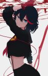  1girl absurdres arm_up bangs black_hair black_shirt black_skirt blue_eyes cowboy_shot crop_top from_side gloves hair_between_eyes highres kill_la_kill long_sleeves looking_at_viewer matoi_ryuuko medium_hair multicolored_hair neckerchief red_background red_gloves red_neckerchief scissor_blade senketsu shirt shizuku_shi_a short_hair simple_background skirt smile twitter_username white_background 