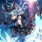  1girl animal_ears armpits backless_dress backless_outfit bangs bare_shoulders blue_background blue_dress blue_hair boots breasts commentary_request dress ear_piercing erune feathers ferry_(granblue_fantasy) fugee_(granblue_fantasy) gloves granblue_fantasy hair_ornament holding holding_weapon honda_tamanosuke leg_up long_hair piercing sideboob sleeveless solo standing standing_on_one_leg thigh_boots thighhighs wavy_hair weapon whip x_hair_ornament yellow_eyes 