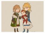  3boys :d :o aglovale_(granblue_fantasy) baby bag bangs black_shirt blonde_hair boots bow brothers brown_hair cheek_poking child closed_eyes frills granblue_fantasy grey_background holding_baby lamorak_(granblue_fantasy) long_sleeves male_focus medium_hair multiple_boys percival_(granblue_fantasy) poking red_hair shirt short_hair shorts siblings smile standing symbol-only_commentary tomo_(tomorag7) wing_collar younger 