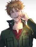  1boy bangs berry_o_t blonde_hair cigarette green_jacket hand_up holding holding_cigarette jacket long_sleeves male_focus open_mouth red_shirt shirt short_hair simple_background smile smoking solo suwa_koutarou upper_body v-shaped_eyebrows white_background world_trigger 