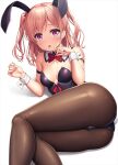  1girl animal_ears arm_strap armpit_crease ass bang_dream! bangs bare_shoulders black_leotard bow bowtie breasts brown_legwear chestnut_mouth commentary detached_collar eyebrows_visible_through_hair fake_animal_ears fake_tail feet_out_of_frame hair_bow hands_up hiromachi_nanami lambda_(kusowarota) leotard light_blush light_brown_hair long_hair looking_at_viewer lying medium_breasts on_side pantyhose parted_lips pink_eyes playboy_bunny rabbit_ears rabbit_tail red_bow red_bowtie shadow simple_background solo strapless strapless_leotard tail two_side_up white_background wrist_cuffs 