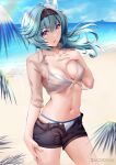  1girl beach bikini black_hairband black_shorts blue_hair breasts collarbone day eula_(genshin_impact) excaliblader eyebrows_visible_through_hair feet_out_of_frame fingernails genshin_impact hairband hand_on_breast hand_on_hip highres long_hair looking_at_viewer medium_breasts navel ocean purple_eyes shorts solo swimsuit twitter_username white_bikini white_swimsuit 