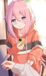  1girl absurdres blue_eyes blurry blush cellphone commentary depth_of_field file112056 highres holding hood hoodie kagamihara_nadeshiko long_hair looking_at_viewer phone pinching_sleeves pink_hair pov pursed_lips sleeves_past_wrists smartphone yurucamp 