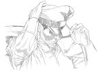  1boy absurdres graphite_(medium) greyscale hat highres holding holding_clothes holding_hat male_focus mature_male monochrome muscular muscular_male simple_background solo street_fighter traditional_media vega white_background yoshihara_motoki 