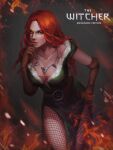  1girl absurdres dress fire fishnets fur_trim gem green_eyes highres jewelry long_hair necklace red_hair renshena solo_focus the_witcher_(series) triss_merigold 