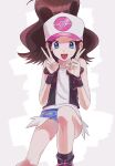  1girl :d absurdres baseball_cap black_vest blue_eyes boots brown_hair commentary_request denim denim_shorts double_v enamo_(dcah) eyelashes hands_up hat high_ponytail highres hilda_(pokemon) knees leg_up long_hair looking_at_viewer open_mouth pokemon pokemon_(game) pokemon_bw shirt short_shorts shorts sidelocks sleeveless sleeveless_shirt smile socks solo teeth tongue upper_teeth v vest white_shirt wristband 