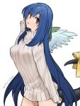  1girl angel_wings asymmetrical_wings bangs blue_hair breasts dated dizzy_(guilty_gear) eyebrows_visible_through_hair guilty_gear hair_down large_breasts long_hair long_sleeves looking_at_viewer looking_to_the_side maka_(morphine) mature_female md5_mismatch mini_wings monster_girl open_mouth ribbed_sweater ribbon signature simple_background sleeves_past_wrists solo sweater tail tail_ornament tail_ribbon turtleneck turtleneck_sweater very_long_hair white_background wings 