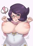  ! 1girl artist_name artsheops big_hair blush breasts clenched_hands clothes_lift commentary covered_navel english_commentary eyelashes glasses green_eyes hands_up heart heart-shaped_pupils highres large_breasts looking_down nipples open_mouth pink-framed_eyewear pink_sweater pokemon pokemon_(game) pokemon_sm purple_hair ribbed_sweater shiny shiny_skin solo spoken_exclamation_mark sweater sweater_lift symbol-shaped_pupils teeth tongue upper_teeth watermark wicke_(pokemon) 