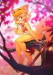  1girl bangs bell blonde_hair body_fur bottomless breasts closed_mouth commentary_request commission dango eating eyebrows_visible_through_hair falling_leaves food fox_girl fox_hat full_body furrification furry furry_female halter_top halterneck highres inuki_(aruurara) leaf looking_at_viewer maple_leaf moonlight_flower moss ragnarok_online red_eyes short_hair signature sitting sitting_on_branch skeb_commission small_breasts solo staff tree wagashi 