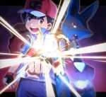  1boy :d ash_ketchum bangs baseball_cap black_gloves black_hair blue_jacket brown_eyes chitozen_(pri_zen) commentary_request fingerless_gloves gloves hat jacket looking_at_viewer lucario male_focus mega_lucario mega_pokemon open_mouth pokemon pokemon_(anime) pokemon_(creature) pokemon_swsh_(anime) red_headwear shirt short_hair sleeveless sleeveless_jacket smile t-shirt teeth tongue upper_teeth white_shirt 