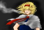  1girl alice_margatroid bangs blonde_hair blue_dress capelet cigarette commentary cookie_(touhou) dress frilled_capelet frills grey_background hair_between_eyes hair_over_eyes hairband jigen_(cookie) mumu_(0x3777) necktie red_hairband red_necktie short_hair smoking solo touhou upper_body white_capelet 