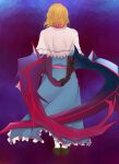  1girl alice_margatroid arms_behind_back blonde_hair blue_dress bois_de_justice brown_footwear capelet commentary cookie_(touhou) dies_irae dress frilled_capelet frilled_neckwear frills from_behind full_body heart highres hinase_(cookie) long_dress mumu_(0x3777) neckerchief own_hands_together pink_neckerchief pink_sash sash shinza_bansho_series shoes short_hair socks solo standing touhou white_capelet white_legwear 