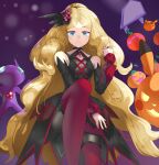  1girl bare_shoulders black_choker black_dress black_shorts blonde_hair blue_eyes boots caitlin_(pokemon) choker closed_mouth commentary_request detached_sleeves dress eyelashes from_below hair_ornament hair_tie hand_up highres jack-o&#039;-lantern jewelry long_hair long_sleeves looking_at_viewer official_alternate_costume pikachu pokemon pokemon_(creature) pokemon_(game) pokemon_masters_ex red_footwear ring sableye shiny shiny_clothes shirogane_(shirogane_eishi)) shorts shorts_under_dress split_mouth themed_object thigh_boots thighhighs tied_hair 