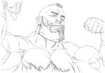  1boy absurdres beard chest_hair facial_hair graphite_(medium) greyscale highres large_pectorals male_focus mature_male monochrome muscular muscular_male mustache pectorals scar scar_on_arm simple_background solo street_fighter topless_male traditional_media white_background yoshihara_motoki zangief 