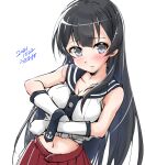  1girl agano_(kancolle) anchor_symbol black_hair black_necktie black_sailor_collar commentary_request cowboy_shot gloves grey_eyes kantai_collection long_hair looking_at_viewer midriff navel necktie one-hour_drawing_challenge pleated_skirt red_skirt sailor_collar school_uniform serafuku shirt shirt_hold simple_background skirt sleeveless sleeveless_shirt solo usami_(50-point_caliper) white_background white_gloves 