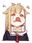  1girl black_ribbon blonde_hair commentary_request hair_flaps hair_ornament hair_ribbon hairclip kantai_collection licking long_hair looking_up neckerchief red_eyes red_neckerchief remodel_(kantai_collection) ribbon scarf simple_background solo tongue tongue_out upper_body uyama_hajime white_scarf yuudachi_(kancolle) 