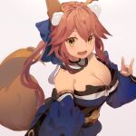  1girl animal_ear_fluff animal_ears bare_shoulders blue_kimono blue_ribbon breasts cleavage collarbone detached_sleeves eyebrows_visible_through_hair fang fate/extella fate/extra fate/extra_ccc fate/grand_order fate_(series) fox_ears fox_girl fox_shadow_puppet fox_tail hair_ribbon highres japanese_clothes kimono large_breasts looking_at_viewer open_mouth pink_hair ribbon same_(sendai623) simple_background skin_fang solo tail tamamo_(fate) tamamo_no_mae_(fate/extra) yellow_eyes 