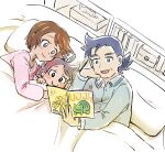  1girl 2boys blue_eyes blush blush_stickers book brown_hair bulbasaur camille_(pokemon) character_print closed_mouth commentary_request eyelashes family goh_(pokemon) grey_hair grey_shirt holding holding_book indoors long_sleeves matsuno_opa multiple_boys open_mouth pillow pink_shirt pokemon pokemon_(anime) pokemon_swsh_(anime) reading shirt short_hair smile tissue_box tongue under_covers walker_(pokemon) 