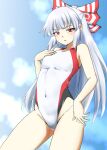  1girl alternate_costume bangs blue_sky bow breasts cloud competition_swimsuit cowboy_shot d-m_(dii_emu) day eyebrows_visible_through_hair fujiwara_no_mokou grey_hair groin hair_bow hand_on_own_chest highleg highleg_leotard highres leotard long_hair looking_at_viewer navel one-piece_swimsuit outdoors red_eyes sky small_breasts solo standing swimsuit thighhighs touhou 