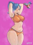  1girl adjusting_hair artist_name artsheops bangs bare_arms battle_girl_(pokemon) bike_shorts blue_eyes blue_hair blush breasts commentary_request eyelashes highres long_hair looking_at_viewer mouth_hold navel pokemon pokemon_(game) pokemon_oras ponytail purple_background raised_eyebrows reference_inset shiny shiny_skin steam watermark 