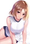  1girl arm_support bra_visible_through_clothes bralines breasts eyebrows_visible_through_hair gym_uniform huyumitsu large_breasts lips looking_at_viewer original purple_eyes see-through short_hair short_sleeves shorts sleeves_pushed_up solo white_background 