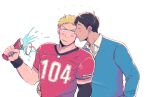  2boys american_football_uniform bertolt_hoover black_hair blonde_hair blue_shirt blush closed_mouth couple cup disposable_cup hand_on_another&#039;s_hip holding holding_cup imminent_kiss looking_at_viewer male_focus midooka_(o_k_k) multiple_boys red_shirt reiner_braun shingeki_no_kyojin shirt short_hair sportswear upper_body white_background wristband yaoi 