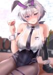  1girl akuakuran alcohol animal_ears arm_strap azur_lane bangs bare_shoulders black_hairband black_legwear black_leotard black_necktie blurry blurry_background blush bow bowtie breasts closed_mouth collarbone collared_shirt commentary_request cowboy_shot cup drinking_glass drunk earrings elbow_gloves eyebrows_visible_through_hair fake_animal_ears gloves hair_between_eyes hairband head_tilt highres holding holding_cup jewelry large_breasts leotard leotard_under_clothes long_hair looking_at_viewer low_ponytail metal_gloves necktie nose_blush official_alternate_costume pantyhose parted_hair playboy_bunny purple_eyes rabbit_ears reno_(azur_lane) reno_(reno_bunnino)_(azur_lane) see-through see-through_shirt shadow shirt side-tie_leotard sideboob sidelocks single_elbow_glove sitting skindentation sleeveless sleeveless_shirt smile solo stud_earrings thigh_strap uneven_eyes white_bow white_bowtie wine wine_glass wrist_cuffs 