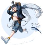  1girl arms_up bangs belt blue_headwear blue_pants brown_gloves commentary english_commentary fish flying_fish full_body gloves goggles goggles_on_head grey_hair highres jacket long_hair long_sleeves midriff nike nike_air_force_1 open_clothes open_jacket open_mouth orange_eyes original pants personification print_shirt rinotuna shirt shoes smile sneakers solo standing suspenders twintails very_long_hair white_footwear white_shirt 