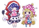  2girls american_flag_dress american_flag_legwear arm_up arrow_(symbol) bangs bare_shoulders black_dress black_eyes blonde_hair blue_dress blue_pants blush candy closed_mouth clownpiece doremy_sweet dress eating eyebrows_visible_through_hair fairy_wings food full_body hair_between_eyes hand_up hands_up hat jester_cap lana151 lollipop long_hair looking_at_another looking_away multicolored_clothes multicolored_dress multicolored_eyes multicolored_pants multiple_girls no_shoes numbered off-shoulder_dress off_shoulder pants pink_eyes pink_headwear polka_dot pom_pom_(clothes) purple_eyes purple_hair red_dress red_headwear red_pants short_hair short_sleeves simple_background smile socks standing star_(symbol) star_print striped striped_dress striped_pants tail touhou very_long_hair very_short_hair wavy_hair white_background white_dress white_eyes white_legwear white_pants wings 