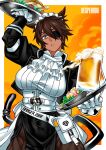  1girl absurdres alcohol animal_ears beer beer_mug breasts brown_hair cat_ears cat_girl cat_tail chicken_(food) copyright_name cowboy_shot cup dark-skinned_female dark_skin desperado_(yotaro) earrings eyepatch food gloves highres holding holding_tray jewelry large_breasts long_sleeves looking_at_viewer maid maid_headdress mao_(yotaro) mug muscular muscular_female parted_lips short_hair slit_pupils solo tail teeth tray yellow_eyes yotaro 