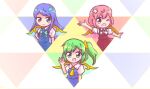  3girls ahoge ascot blue_eyes blue_hair blue_skirt blue_vest blush_stickers bow bowtie collared_shirt commentary daiyousei daiyousei_mob_(touhou) fairy_wings flower geometric_pattern green_eyes green_hair hair_bow hair_flower hair_ornament long_hair looking_at_viewer multiple_girls pink_eyes pink_hair red_skirt red_vest shirt short_hair side_ponytail skirt skirt_set snosqu touhou triangle vest waving wings 