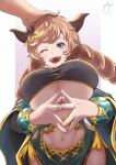  1girl :d blue_eyes bracelet braid breasts carmelina_(granblue_fantasy) clothing_cutout draph gollizo granblue_fantasy headpat highres hip_vent horns jewelry large_breasts light_brown_hair long_hair one_eye_closed pointy_ears side_slit signature smile solo_focus stomach stomach_cutout twin_braids underboob upper_body 