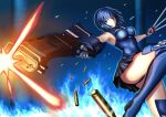  1girl armor armored_dress bangs bare_shoulders black_keys_(type-moon) black_skirt blue_eyes blue_fire blue_hair blue_panties breasts bullet ciel_(tsukihime) closed_mouth fire gloves gun harukey highres holding holding_gun holding_weapon large_breasts looking_at_viewer miniskirt panties pleated_skirt powerd_ciel short_hair skirt solo thighhighs thighs tsukihime tsukihime_(remake) underwear weapon white_gloves 