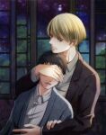  2boys black_hair blonde_hair covering_another&#039;s_eyes hiyakawa_rihito indoors jacket kulalix long_sleeves male_focus mikado_kosuke multiple_boys night sankaku_mado_no_sotogawa_wa_yoru short_hair upper_body window 