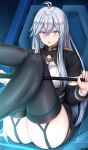  1girl 86_-eightysix- absurdres black_legwear blush breasts chin_gero commentary_request eyebrows_visible_through_hair garter_straps highres holding holding_whip light_blue_eyes light_blue_hair long_hair looking_at_viewer military military_uniform multicolored_hair open_mouth sitting solo thighhighs thighs uniform vladilena_millize 