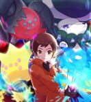  1boy bangs brown_eyes brown_hair calyrex closed_mouth commentary_request dynamax_band energy expedition_uniform haru_(haruxxe) highres holding holding_poke_ball jacket male_focus master_ball orange_jacket poke_ball pokemon pokemon_(creature) pokemon_(game) pokemon_swsh regidrago regieleki short_hair smile victor_(pokemon) 