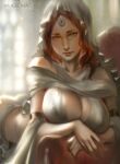  1girl breasts brown_hair cleavage curly_hair dark_souls_(series) highres jewelry large_breasts lips long_hair looking_at_viewer portrait queen_of_sunlight_gwynevere ragecndy yellow_eyes 