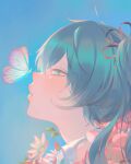  1girl aqua_necktie artist_name blue_background blue_eyes blue_hair bug butterfly butterfly_on_nose chinese_commentary close-up colorful commentary eyelashes eyes_visible_through_hair face flower gradient gradient_butterfly hair_flower hair_ornament half-closed_eyes hatsune_miku high_collar highres leaf light_blush lips long_eyelashes long_hair necktie parted_lips pastel_colors pink_flower profile shiny shiny_hair simple_background solo straight_hair upper_body vocaloid wangza white_flower 
