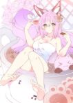  1girl animal_ear_fluff animal_ears azur_lane bangs bare_arms bare_legs bare_shoulders barefoot breasts cleavage closed_mouth collarbone commentary_request cookie cup feet flower food fox_ears fox_girl fox_tail green_eyes hair_flower hair_ornament hanazuki_(azur_lane) holding holding_cookie holding_cup holding_food in_container in_cup knees_together_feet_apart long_hair looking_at_viewer medium_breasts minigirl moo_(umineko) naked_towel pink_hair sidelocks soles solo tail tea teacup towel 