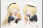  2girls bangs blonde_hair blue_sailor_collar burger closed_eyes dress eating faker_ktd food hat janus_(kancolle) jervis_(kancolle) kantai_collection multiple_girls open_mouth parted_bangs sailor_collar sailor_dress sailor_hat short_hair short_sleeves teeth upper_body white_dress white_headwear 