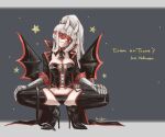  1girl alternate_costume bangs black_jacket black_legwear black_necktie black_panties boots breasts cleavage corset demon_girl demon_wings english_text full_body green_background grey_background halloween helltaker high_heel_boots high_heels horns jacket large_breasts long_hair loremaster_(helltaker) mechanical_arms necktie open_clothes open_jacket panties ponytail red_eyes red_goggles red_necktie red_panties root_12047841 shiny shiny_clothes short_necktie smile solo spread_legs squatting thigh_boots thighhighs two-tone_neckwear underwear wings 