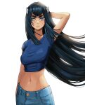  1girl absurdres alternate_costume arm_at_side arm_up backlighting bangs blue_eyes blunt_bangs breasts casual closed_mouth commentary crop_top dark_blue_hair denim english_commentary expressionless floating_hair hair_ornament hair_strand hairclip hand_on_own_head highres jeans kill_la_kill kiryuuin_satsuki large_breasts lips long_hair looking_at_viewer midriff narrow_waist navel pants shade shiny shiny_hair short_sleeves sidelocks simple_background slit_pupils solo straight_hair tefi_blum thick_eyebrows thick_lips tsurime upper_body very_long_hair white_background 