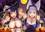  2girls animal_ears black_hair blue_eyes breasts chain claw_pose cleavage collar erune fox_ears full_moon gollizo granblue_fantasy habit halloween highres jack-o&#039;-lantern jewelry large_breasts leaning_forward long_hair metal_collar moon multiple_girls mummy_costume nail_polish nun pendant red_eyes silver_hair societte_(granblue_fantasy) yuel_(granblue_fantasy) 