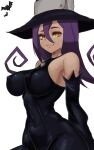  1girl :3 bangs bare_shoulders black_dress black_headwear blair_(soul_eater) breasts cleavage closed_mouth covered_nipples detached_sleeves dress eyebrows_visible_through_hair flipped_hair hair_between_eyes half-closed_eyes halloween hat highres impossible_clothes large_breasts looking_at_viewer mrjack naughty_face purple_hair skin_tight solo soul_eater witch witch_hat yellow_eyes 