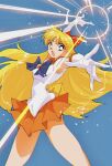  1girl aino_minako back_bow bishoujo_senshi_sailor_moon blonde_hair blue_eyes bow brooch choker circlet commentary_request earrings elbow_gloves gloves hair_bow highres inner_senshi jewelry leotard long_hair magical_girl open_mouth orange_choker orange_sailor_collar orange_skirt pleated_skirt pochi_(askas_is_god) red_bow sailor_collar sailor_senshi sailor_senshi_uniform sailor_venus skirt solo white_gloves white_leotard 