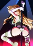  1girl akatsuki_kirika akatsuki_kirika_(cosplay) ass blush breasts cosplay covered_nipples fate_testarossa from_behind green_leotard highres holding holding_pole impossible_clothes impossible_leotard large_breasts leotard long_hair looking_at_viewer looking_back lyrical_nanoha mahou_shoujo_lyrical_nanoha_strikers pole pole_dancing red_eyes senki_zesshou_symphogear shiny shiny_clothes shiny_hair shiny_skin skin_tight solo standing striped striped_legwear stripper stripper_pole sweat tappa_(esperanza) 