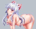  1girl ass bangs bikini bow breasts cleavage eyebrows_visible_through_hair fujiwara_no_mokou grey_background grey_hair hair_bow halterneck jude_(minority_lilac) large_breasts long_hair looking_at_viewer multiple_bows open_mouth red_eyes side-tie_bikini simple_background solo string_bikini striped striped_bikini swimsuit touhou 