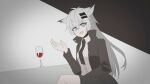  1girl :d alcohol animal_ear_fluff animal_ears arknights bangs black_background black_jacket black_necktie black_shorts blue_eyes chihuri collared_shirt commentary_request cup dress_shirt drinking_glass eyebrows_visible_through_hair fang grey_background grey_hair hair_between_eyes hair_ornament hairclip hand_up highres jacket lappland_(arknights) long_hair long_sleeves necktie open_clothes open_jacket shirt short_shorts shorts smile solo two-tone_background very_long_hair white_shirt wine wine_glass 