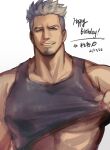  1boy alternate_pectoral_size bara bare_shoulders clothes_lift come_hither commentary_request facial_hair goatee grey_tank_top gyee happy_birthday highres ina_zuma large_pectorals lifted_by_self male_focus mature_male miles_(gyee) muscular muscular_male one_eye_closed pectorals seductive_smile shirt_lift short_hair sideburns silver_hair smile smirk solo tank_top undercut unfinished upper_body 
