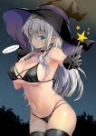  1girl armpits bare_arms bare_shoulders bikini black_bikini black_choker black_gloves black_headwear black_legwear breasts choker cleavage collarbone commentary_request cowboy_shot emily_(pure_dream) gloves green_eyes grey_hair halloween halterneck hand_up happy_halloween hat highres holding large_breasts long_hair looking_at_viewer multi-strapped_bikini navel original outstretched_arm sidelocks smile solo star_(symbol) stomach string_bikini swimsuit thighhighs thighs wand witch_hat 